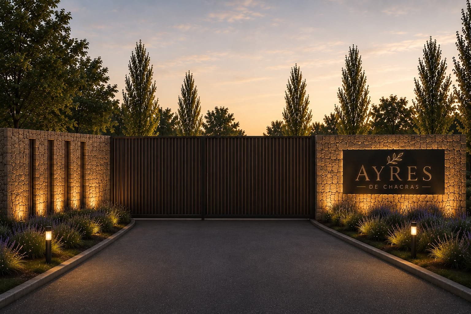 Portal de acceso al sector privado de Ayres de Chacra, iluminado al atardecer