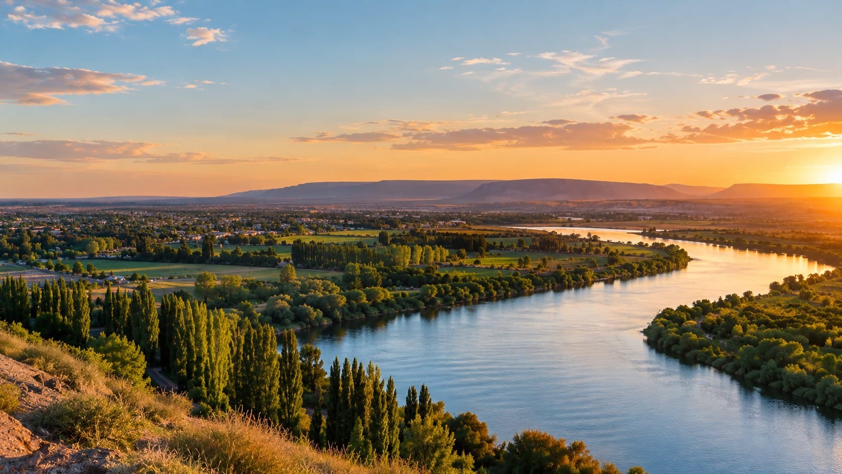 Atardecer sobre el río en el Alto Valle de Río Negro