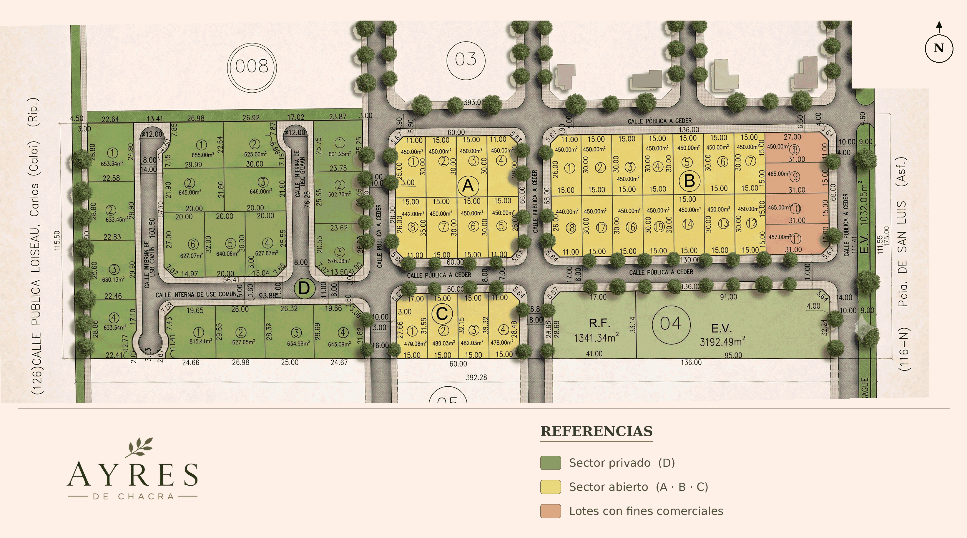 Plano del loteo Ayres de Chacra: manzanas A, B y C en sector abierto, manzana D en sector privado y una franja de lotes con fines comerciales.